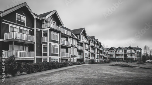 Modern Apartments, Cloudy Day, Green Lawn, Residential Complex, Real Estate