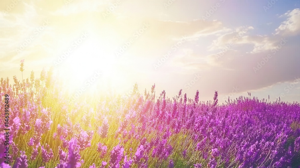 Obraz premium Sunlit Lavender Field at Sunset Tranquil Nature Scene