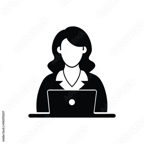 business woman working on laptop icon of silhouette vector illustration on white background