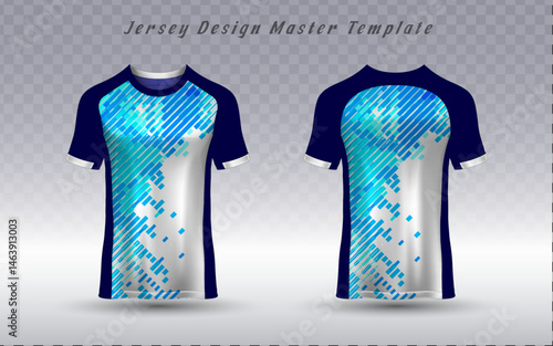Front and back vector jersey template featuring a dynamic abstract diagonal line scattered shape pattern in blue and teal on white. Customizable apparel mockup for sport teams or esports. Easy graphic