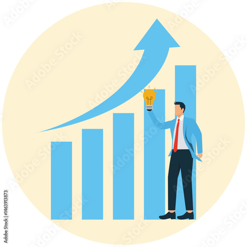 A Businessman holding a lamp illuminates a rising business sales graph, an illustration to explore business, market predictions, the journey to success.