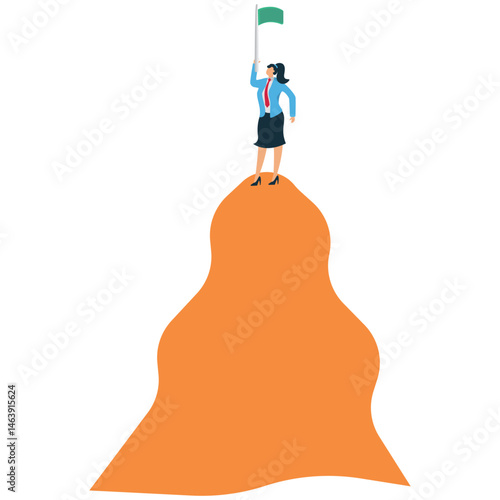 A Businesswoman holding a flag standing looking far away at the top of a mountain, an illustration for exploring business, market prediction, journey to success
