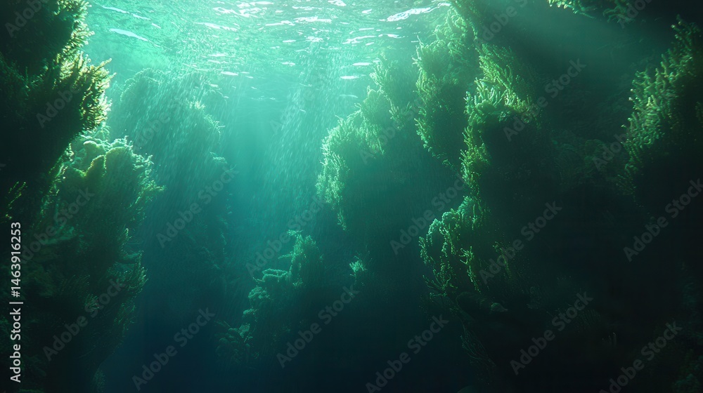 Fototapeta premium Underwater Scene Sunbeams Illuminate Lush Aquatic Plants