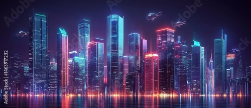 Wallpaper Mural futuristic cityscape with towering skyscrapers made of glass and steel, illuminated by neon signs and flying cars, Generative AI Torontodigital.ca