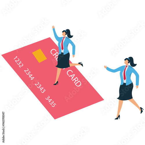 A Businesswoman flies on a credit card while another runs, an illustration of competitive advantage
