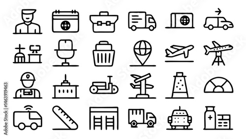 Airport ground support transport line icon set - vector pictograms illustrating the critical functions of ground support transport, including passenger and cargo services at airports.