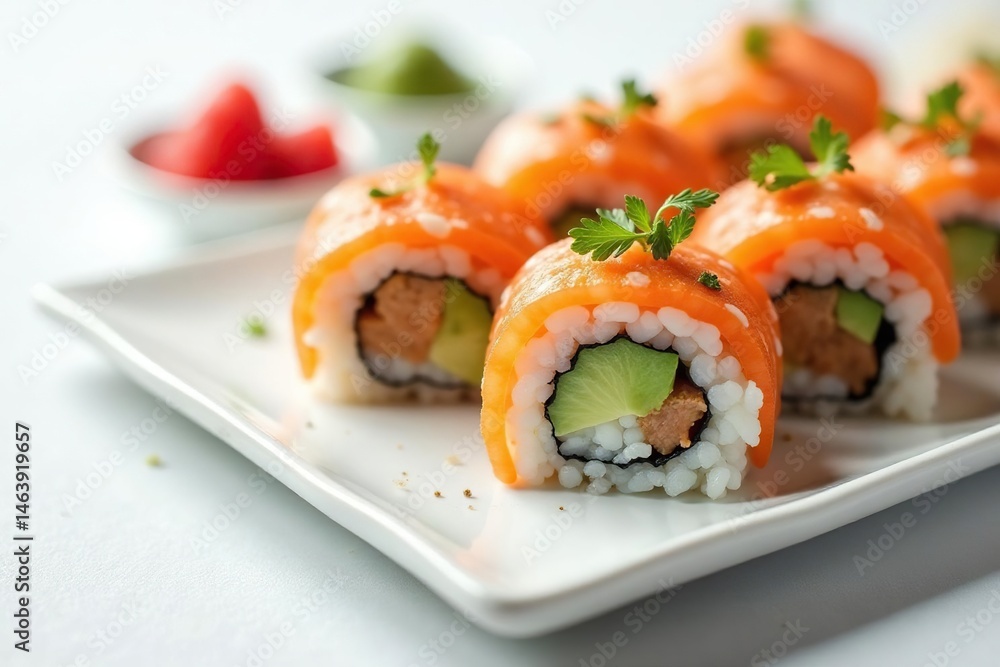 Perfectly arranged sushi platter on pristine white background, vibrant, close-up, cuisine Perfectly arranged sushi platter on pristine white background, vibrant, close-up, cuisine