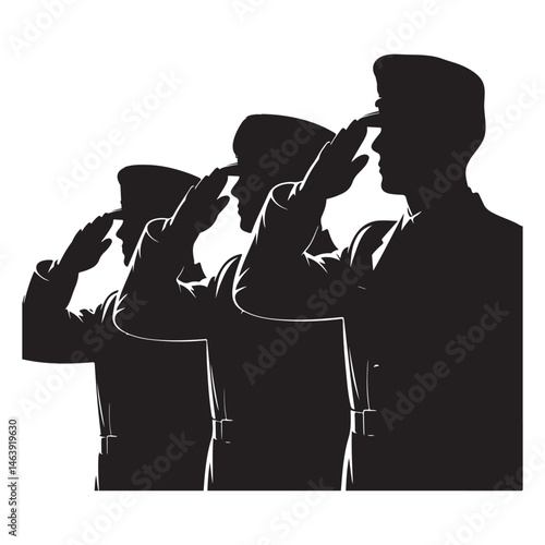 A silhouette of three soldiers in uniform performing a salute