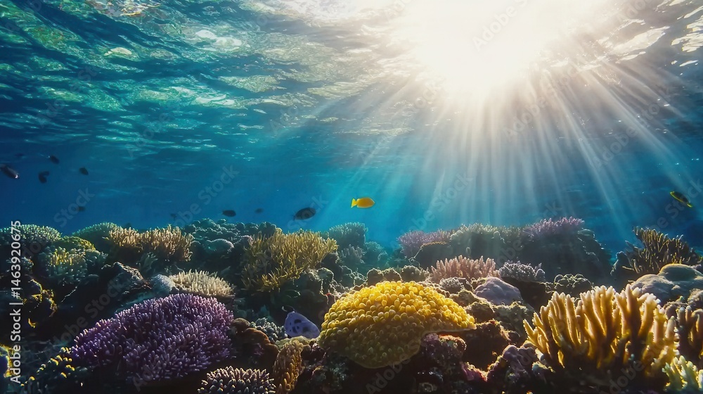 Naklejka premium Underwater Scene Sunbeams Illuminate Vibrant Coral Reef and Fish