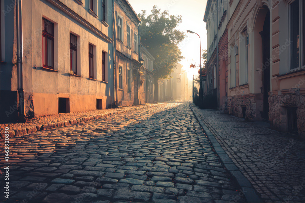 Fototapeta premium Empty cobblestone street in early morning light, historic European town