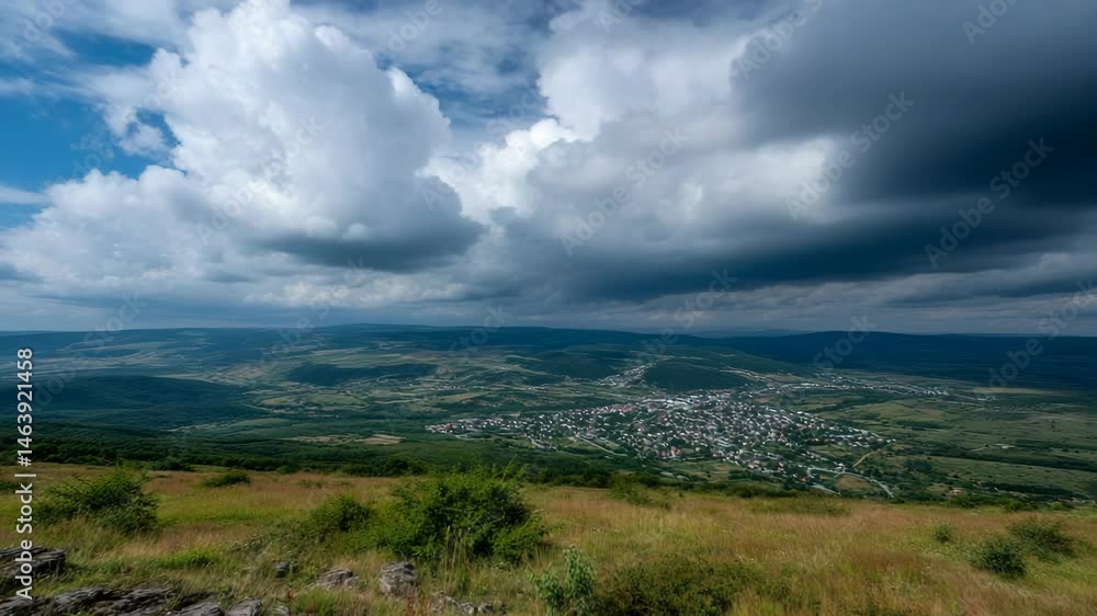 Scenic landscape of green valley with small town surrounded by forests under a partly cloudy sky from a high viewpoint. Scenic landscape of green valley with small town surrounded by forests under a partly cloudy sky from a high viewpoint.