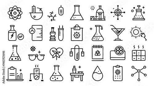 Chemistry Laboratory Safety Line Icon Set - Vector Pictograms for Laboratory Precautions and Safety Measures