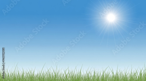 Bright sun shining over clear blue sky with lush green grass in foreground creates serene and cheerful atmosphere, perfect for summer vibes and outdoor activities