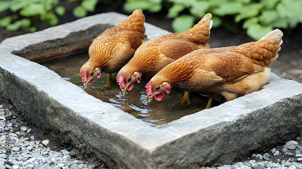 Fototapeta premium Three Rhode Island Red hens drinking from a stone water trough i