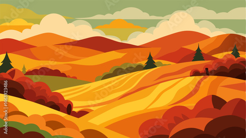 The rolling hills are a canvas of fall colors painted with rich crimsons burnt oranges and deep mustard yellows.