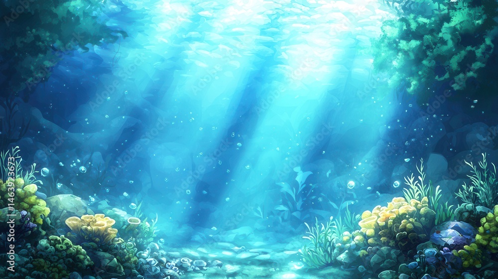 Fototapeta premium Underwater Scene Sunbeams Illuminate Vibrant Coral Reef