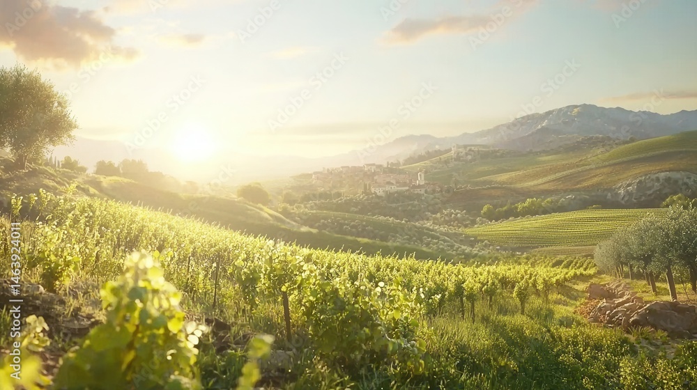 Naklejka premium Sunlit Vineyard Landscape at Golden Hour
