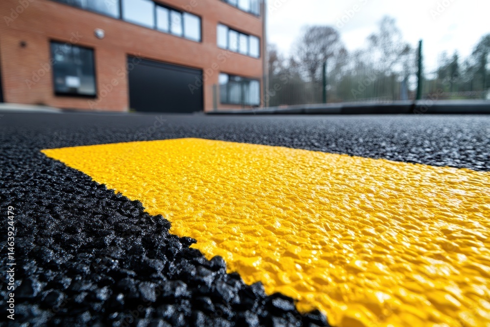 Fototapeta premium A bright yellow stripe marks the asphalt road surface in sharp focus. Depicts safety and traffic regulations near buildings, conveying urban planning.
