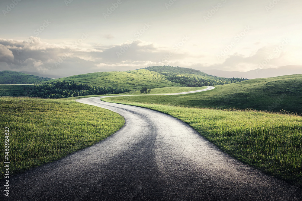 Winding Road Through Green Hills Scenic Countryside Journey Winding Road Through Green Hills Scenic Countryside Journey