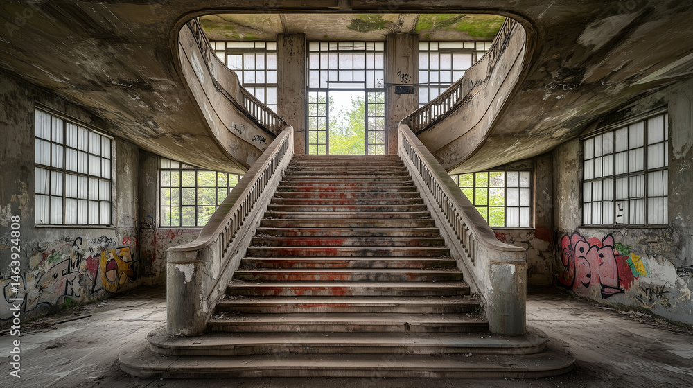 Wide staircase in a decaying, abandoned building with graffiti-covered walls and natural light through large windows. Wide staircase in a decaying, abandoned building with graffiti-covered walls and natural light through large windows.