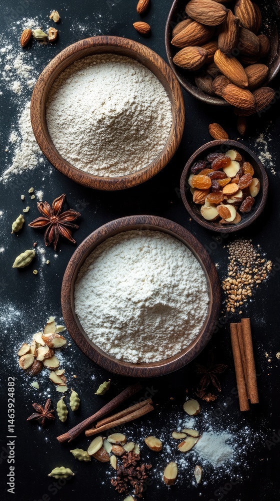 Baking ingredients spread on a dark surface Baking ingredients spread on a dark surface