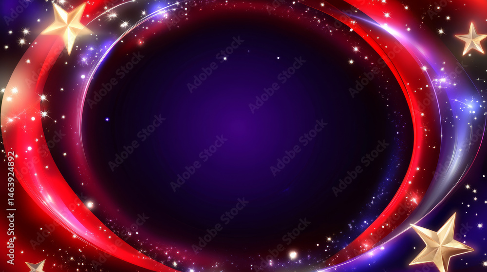 Obraz premium and colorful abstract background featuring swirling red and purple hues, sparkling stars, and circular frame that creates sense of depth and excitement. Perfect for festive designs