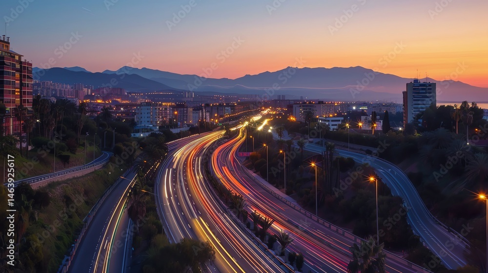 Fototapeta premium Long exposure photo of a busy highway at dusk with vibrant light streaks from speeding cars, capturing dynamic urban traffic energy in motion.