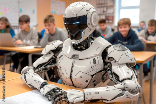 Schoolboy robot humanoid sits at a desk in a classroom. The concept of modern technologies, artificial intelligence in education and study