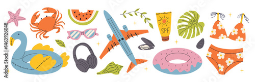 Set of cute summer elements: swimsuit, sunscreen, crab, airplane, tropical palm leaf, glasses, watermelon, shell. Bright summer beach elements