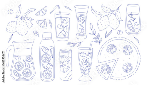 Set of lemonade elements, lemon, ice, straw. Slice lemon, whole, half. Glass, pitcher, jar, jug, bottle. Vector element of smoothie lemonade fresh juice detox in flat cartoon style Vector illustration
