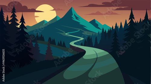 Shadows dance across the winding road as it leads through a dense forest offering a glimpse of the towering mountains waiting beyond.