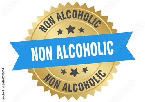 non alcoholic. non alcoholic round blue and gold label isolated on transparent background