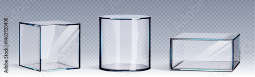 Glass cube and cylinder displays set isolated on transparent background. Vector realistic illustration of square and round 3d plastic boxes, museum exhibition showcase, acrylic container mockup