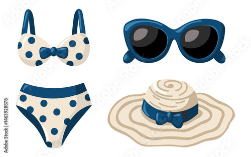 Cartoon vector beach outfit set with bikini, sunglasses and straw hat. Vector isolated illustration on white background.
