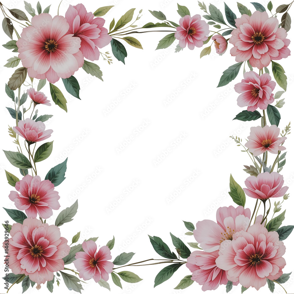 Floral frame with pink flowers and green leaves watercolor style for wedding invitations cards and designs on transparent background Floral frame with pink flowers and green leaves watercolor style for wedding invitations cards and designs on transparent background