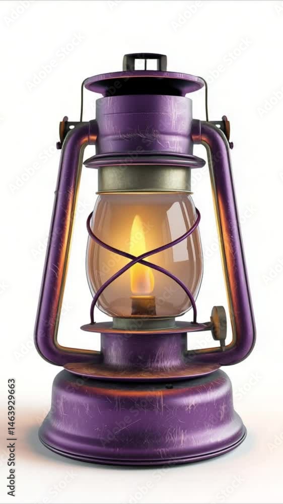 Antique purple lantern illuminated with a warm glowing flame against white background