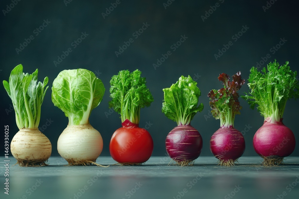 A row of diverse turnips and radishes with green tops on dark background. It shows healthy and fresh produce, great for food-related designs.
