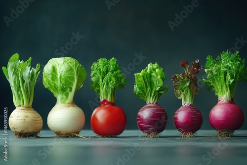 Obraz na płótnie A row of diverse turnips and radishes with green tops on dark background. It shows healthy and fresh produce, great for food-related designs. w salonie