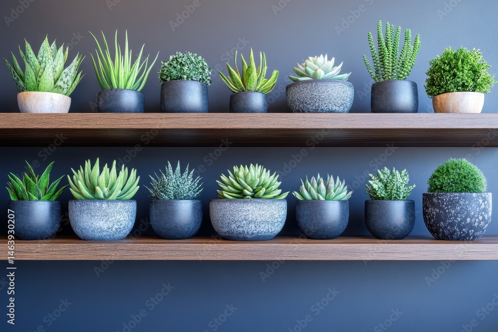 Indoor succulents, various plants, and gray pots are on wooden shelves. Illustrates decor, minimalism, calm, nature, and is perfect for blogs or articles.