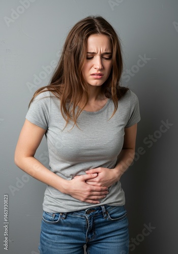 Photo Young Woman Experiencing Stomach Ache Severe Abdominal Pain