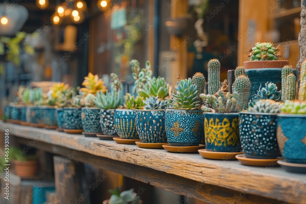 Many potted succulents line a rustic wooden shelf, in a shop display. Ideal for illustrating plant stores, home decor, or sustainable living.