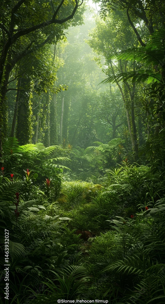 Fototapeta premium Green Forest Landscape With Sunlight Lush Foliage Nature Image