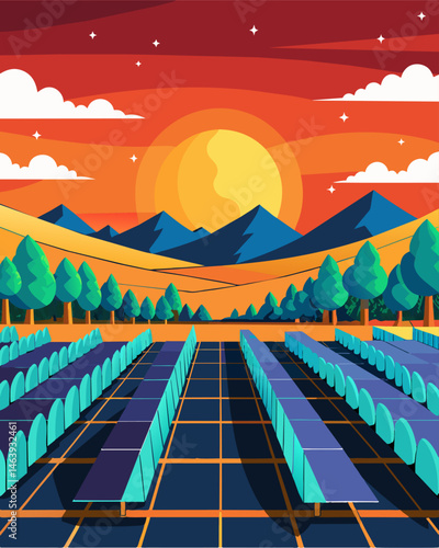 The vast expanse of the solar farm seemed neverending a testament to humanitys pursuit of sustainable energy.. Vector illustration