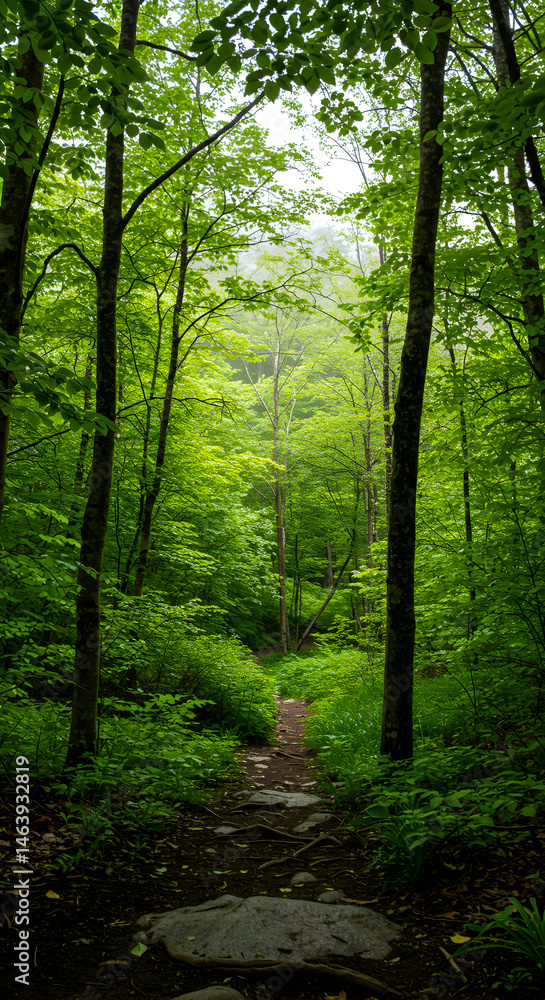 Naklejka premium Green Forest Trail Photo Sunlight Through Trees Serene Nature Scene
