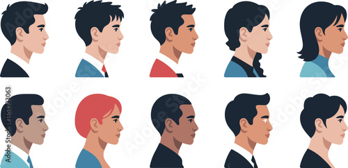 Diverse collection of profiles in a flat style illustrating portraits and characters