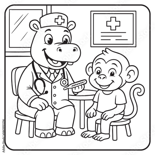 Coloring page for kids with a doctor Hippo and a monkey