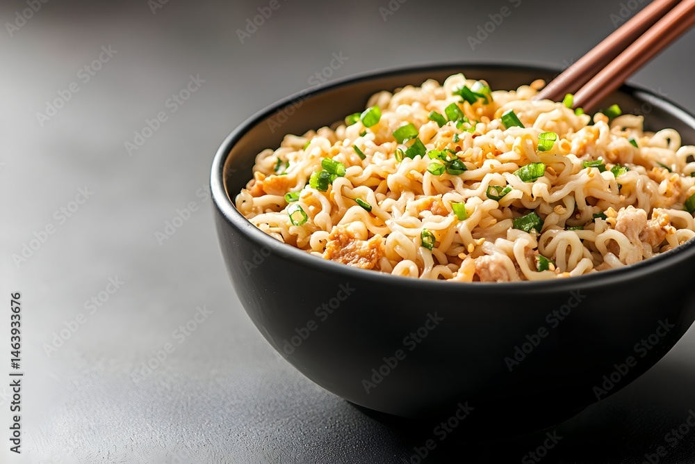 Savory instant noodles in a dark bowl, garnished with chopped scallions and served with chopsticks Savory instant noodles in a dark bowl, garnished with chopped scallions and served with chopsticks