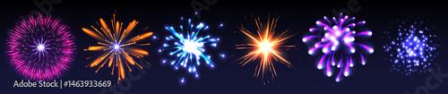 Firework explosion effects set isolated on black background. Vector realistic illustration of firecracker sparkles, neon color light sparks in night sky, holiday celebration symbol, bomb explosion