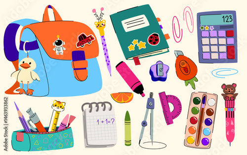 School stationery sticker set - backpack and notebook, pencil case and calculator, marker and pen, ruler and protractor, paintbrush with watercolor, eraser and sharpener. Cute educational supplies.