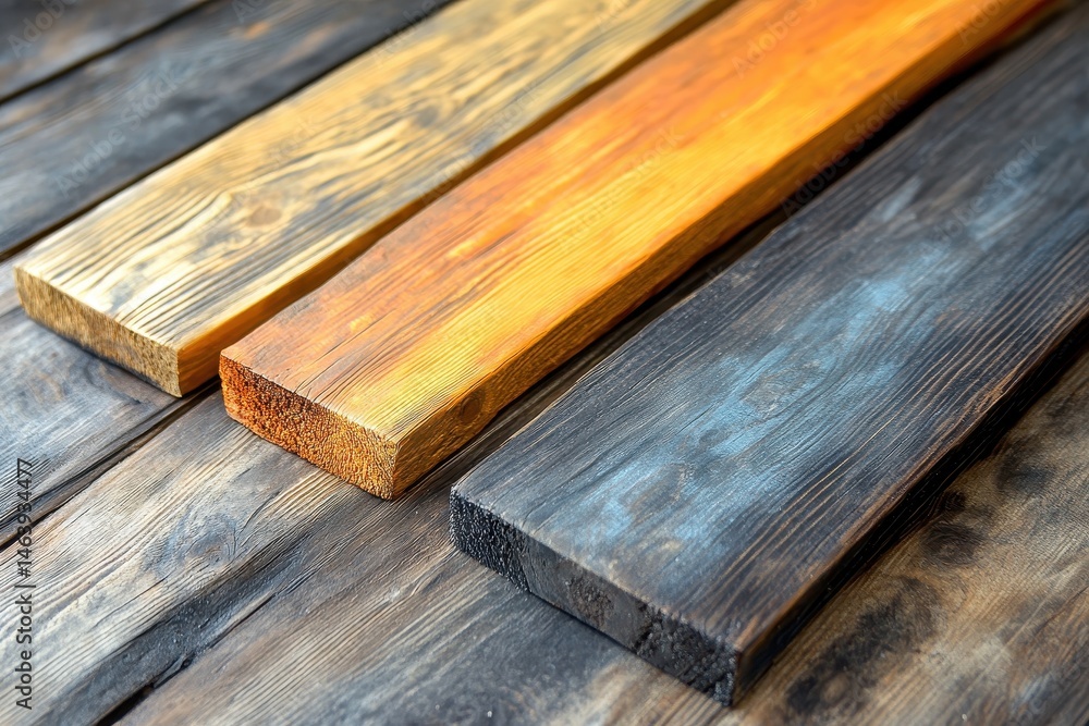 Three stained wooden boards arranged diagonally on wooden background. Perfect for backgrounds, textures, or representing woodworking.